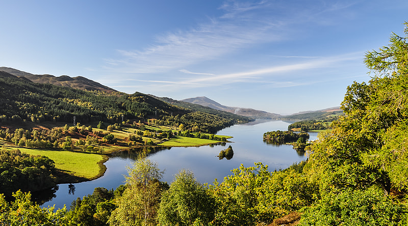 Beautiful summer view across Loch Tummel seen from Queen's View, located near Pitlochry, Perthshire, Scotland, UK.