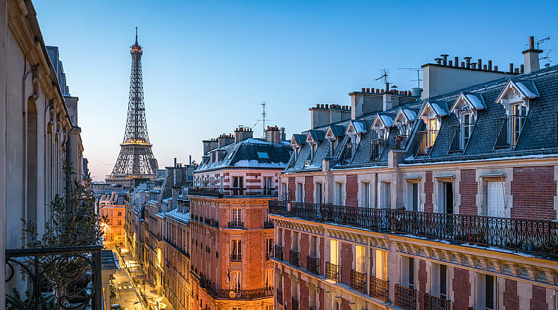 Balconies and rooftops with a view of the Eiffel Tower Paris, France