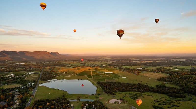 Hot air balloon over Pokolbin in Hunter Valley, Australia