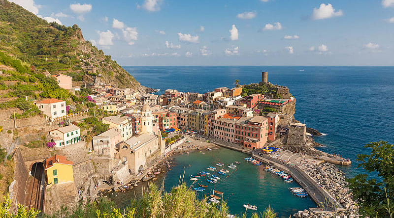 Vernazza, one of the five centuries-old landmarks where car traffic is prohibited, Cinque Terre National Park, Italy