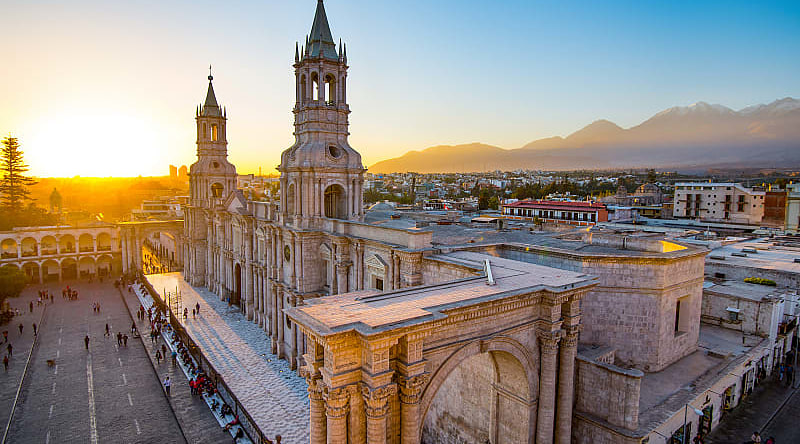 The Basilica Cathedral of Arequipa on sunset in Peru