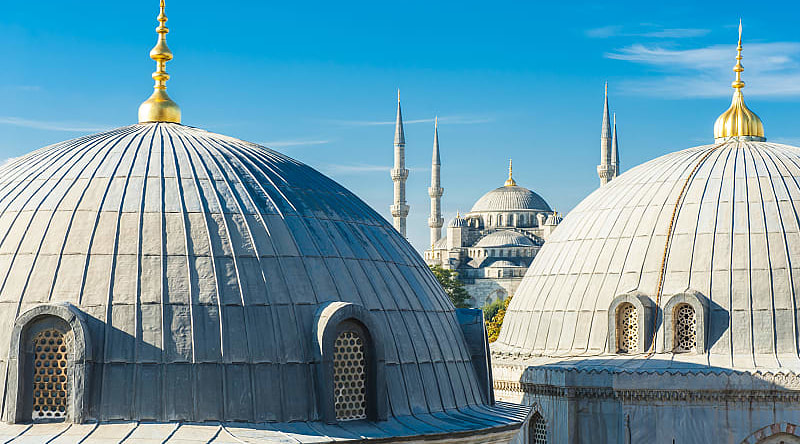 Blue Mosque and cupolas seen from Hagia Sophia in Istanbul, Turkey