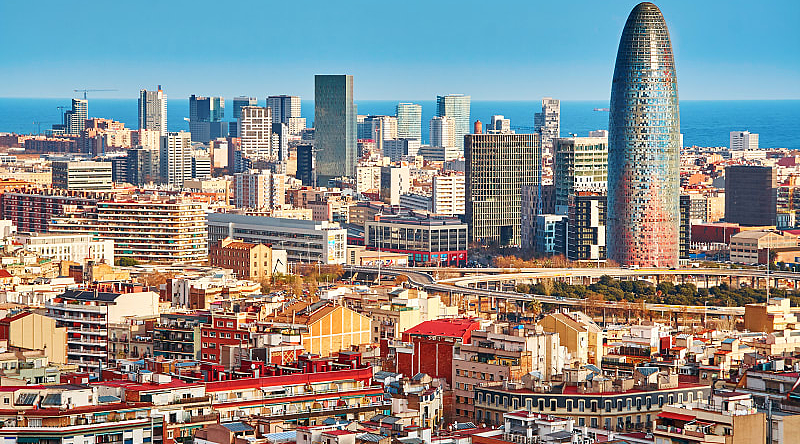 Skyline Barcelona, Spain with the  Mediterranean Sea in the background