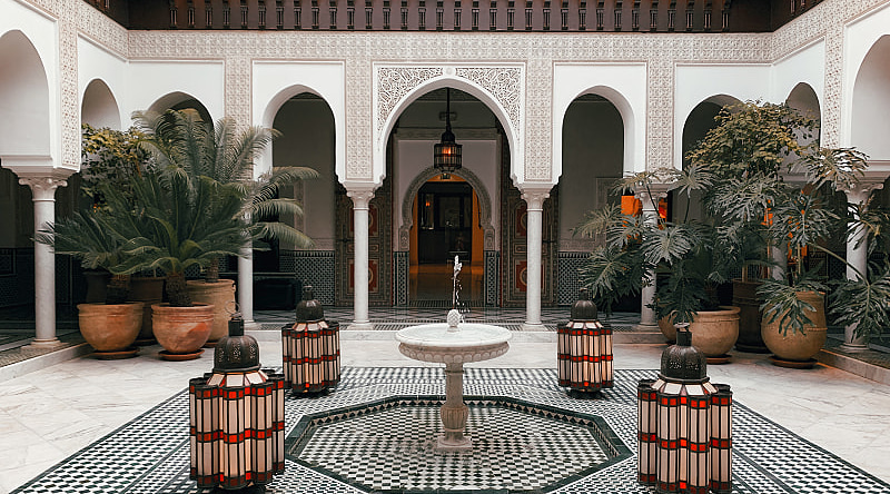 Luxury riad courtyard in Marrakech, Morocco