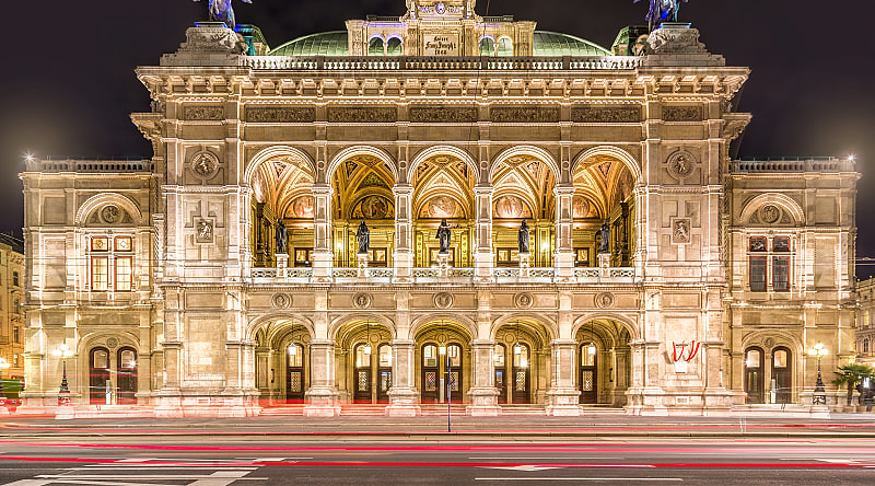 Vienna state opera house at night in Austria.