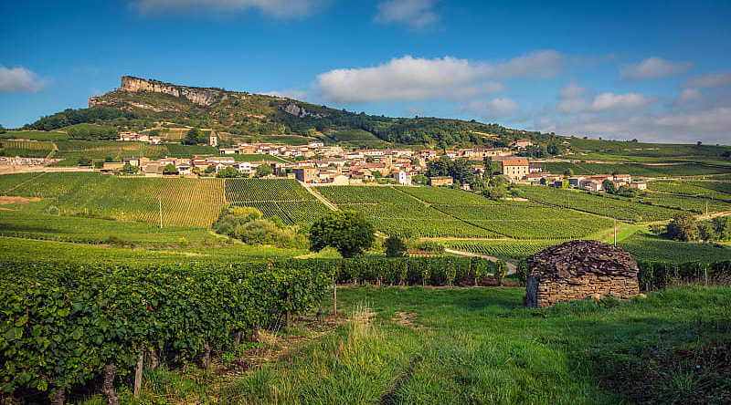 Solutré-Pouilly surrounded by vineyards with the Rock of Solutré in the background