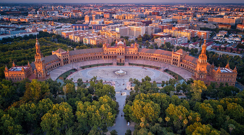Aerial view of Plaza de España in Seville, Spain