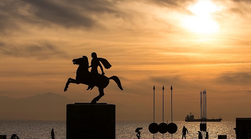 Monument to Alexander the Great on the night embankment, Thessaloniki