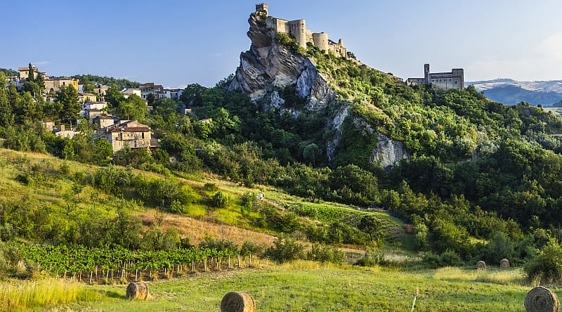 Medival Castello di Roccascalegna on a hill surrounded by fields and vineyards in Roccascalegna, Province of Chieti, Abruzzo