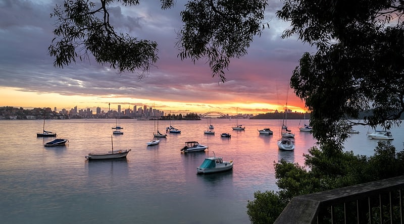 View of Sydney Harbour at sunset in Australia