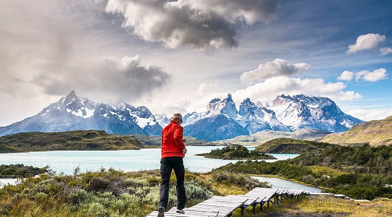 Senior hiker in Torres del Paine National Park, Chilean Patagonia