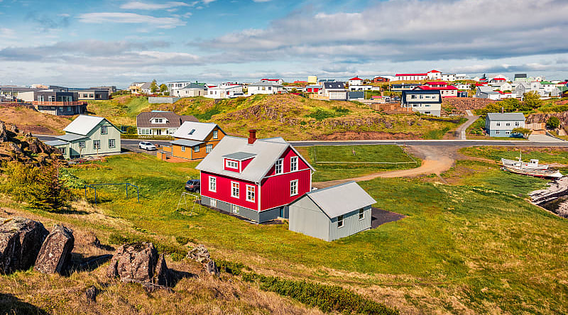 Sunny summer cityscape of small fishing town, Stykkisholmur in Iceland