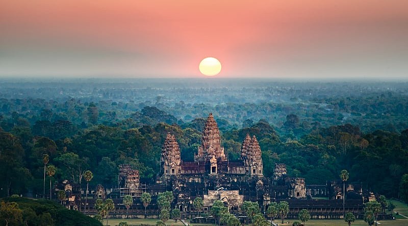 Stunning view of ancient Buddhist temple Angkor Wat at sunset, Cambodia