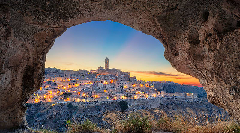 Medieval city of Matera in Southern Italy during a sunset
