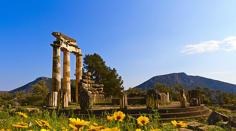 Temple ruins in Delphi, Greece.