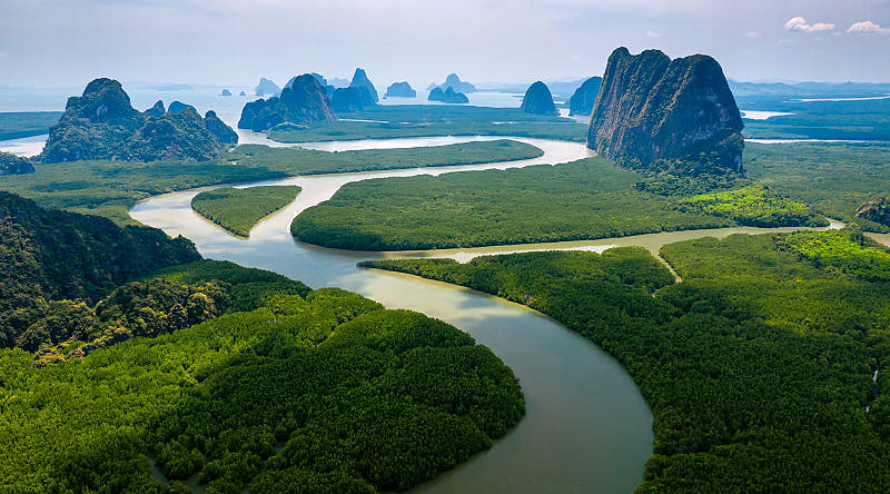 Aerial view of towering limestone cliffs and mangrove forest in Phang Nga Bay, Thailand.