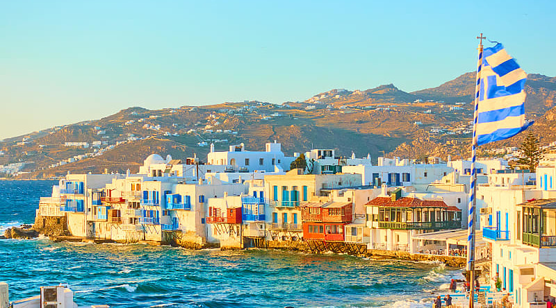 Little Venice, Mykonos, in the rays of the rising sun