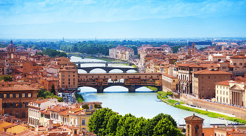 Panorama Arno river and Ponte Vecchio bridge, Florence, Italy