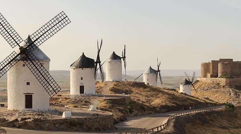 La Mancha windmills in Castilla-La Mancha Spain.
