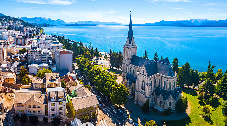 The city of Bariloche on Lake Nahuel Huapi in Argentina