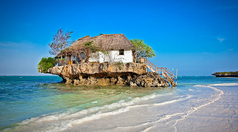 Restaurant on rock over the ocean in Zanzibar, Tanzania