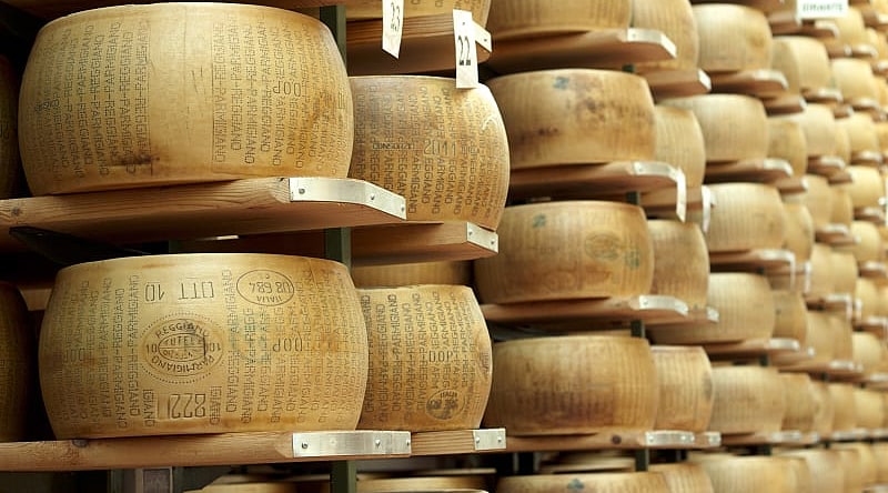 Wheels of parmigiano-reggiano on display in Parma, Italy