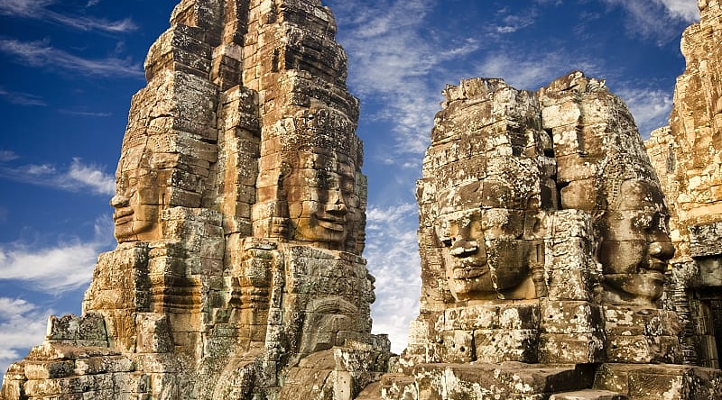 Faces of ancient Bayon Temple at Angkor Wat, Siem Reap