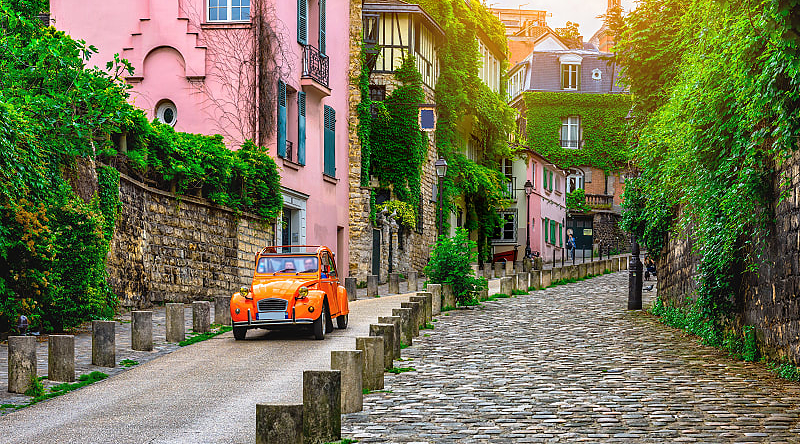 View of an old street in the Montmartre quarter in Paris