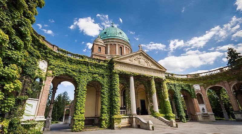 Vine covered entrance to Mirogoj cemetery in Zagreb, Croatia