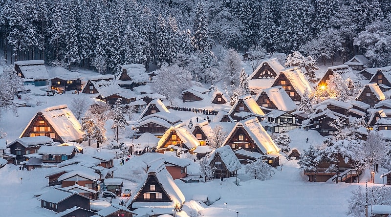 Traditional Japanese wood houses covered snow in Shirakawa-go