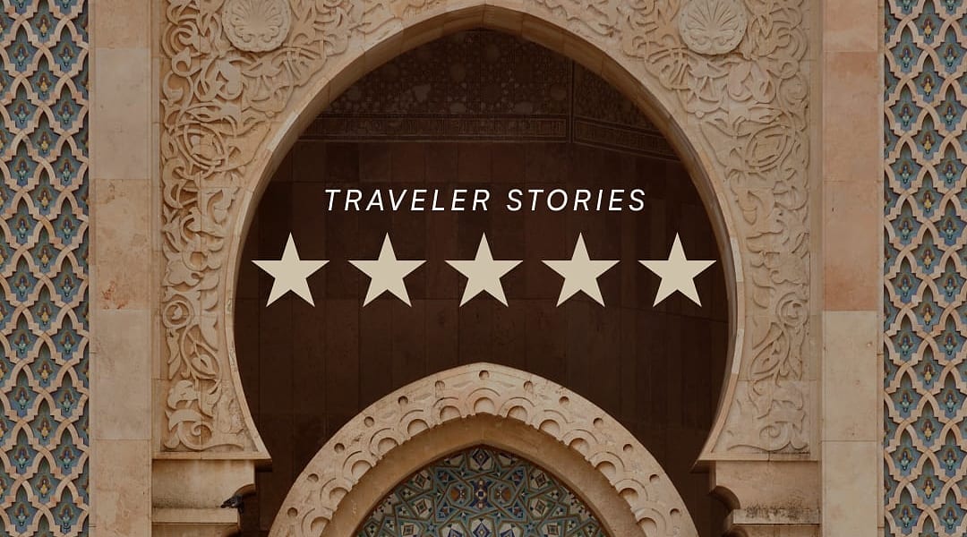 5-star traveler story over Moroccan tile work and carved arch detail at Hassan II Mosque in Casablanca
