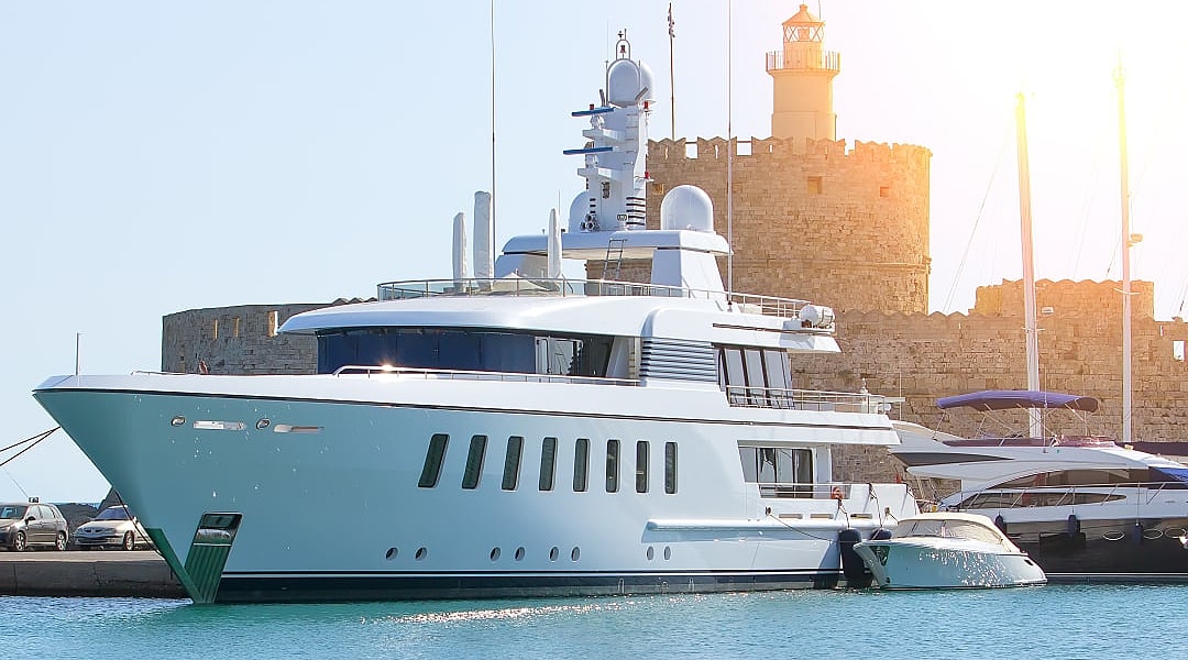 Luxury yacht docked in Rhodes, Greece.