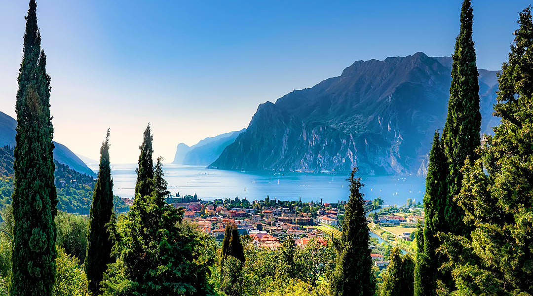 View of Lake Grade and mountains in Torbelo, Italy