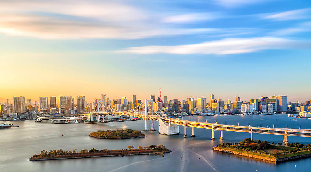Tokyo skyline with Tokyo tower and rainbow bridge in Japan