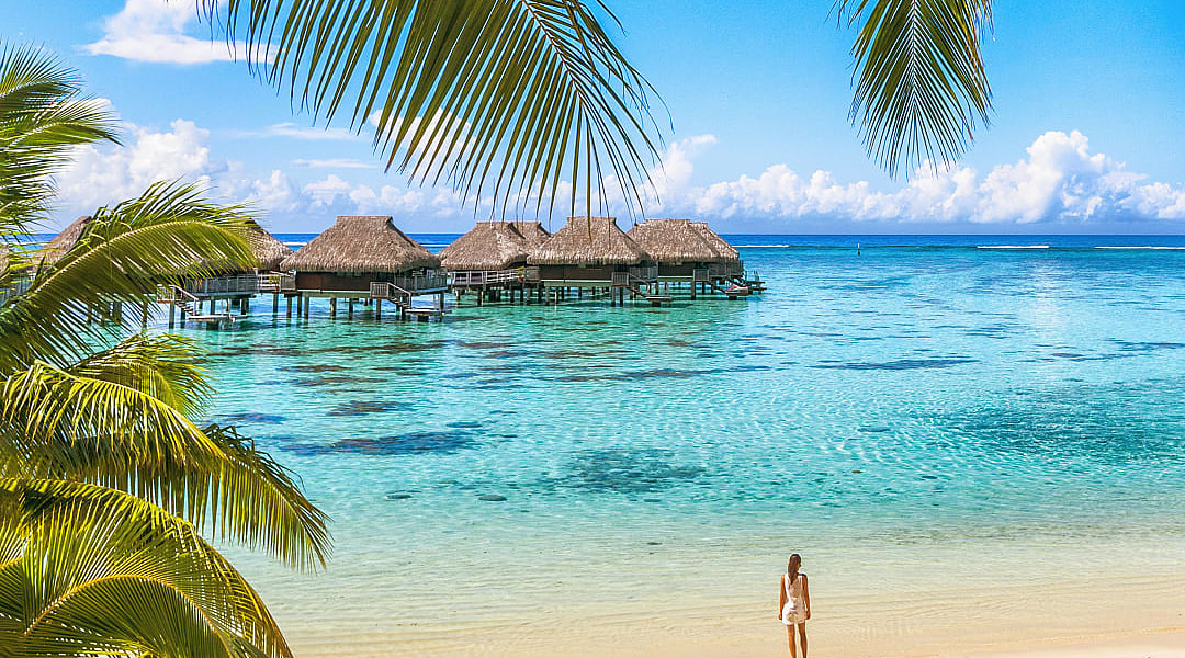 Woman standing on the beach looking over clear water in Moorea, French Polynesai