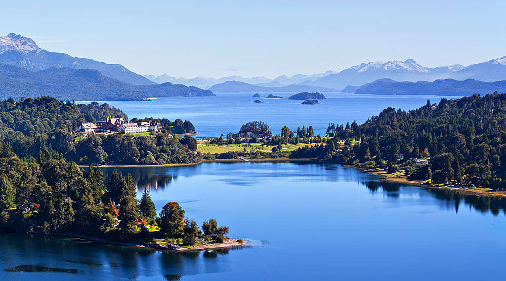 Landscape of lakes and mountains in the Lake District of Argentina