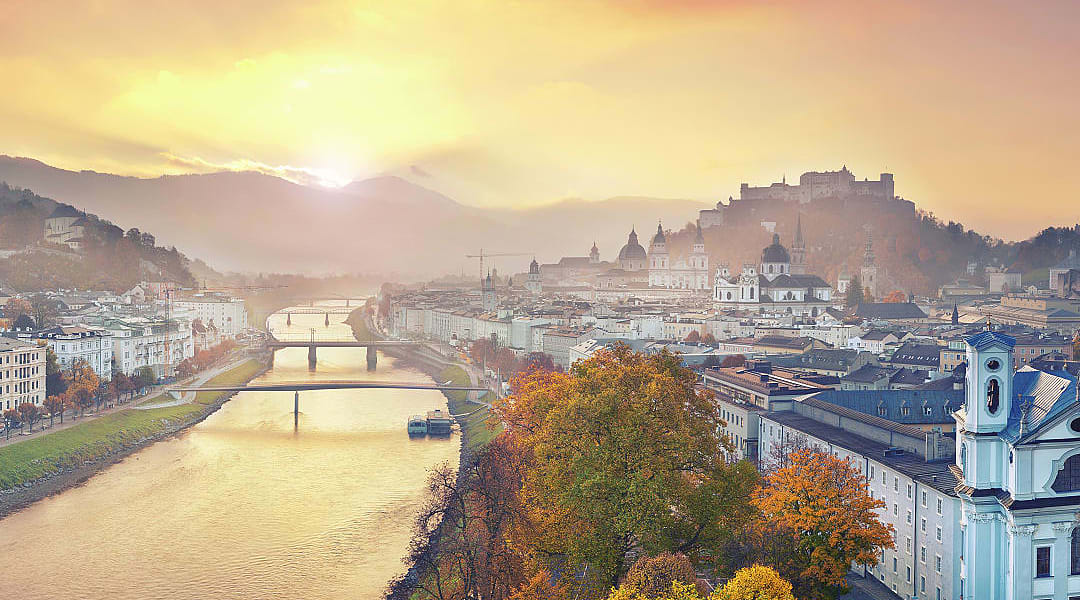 An aerial view of Salzburg at sunset