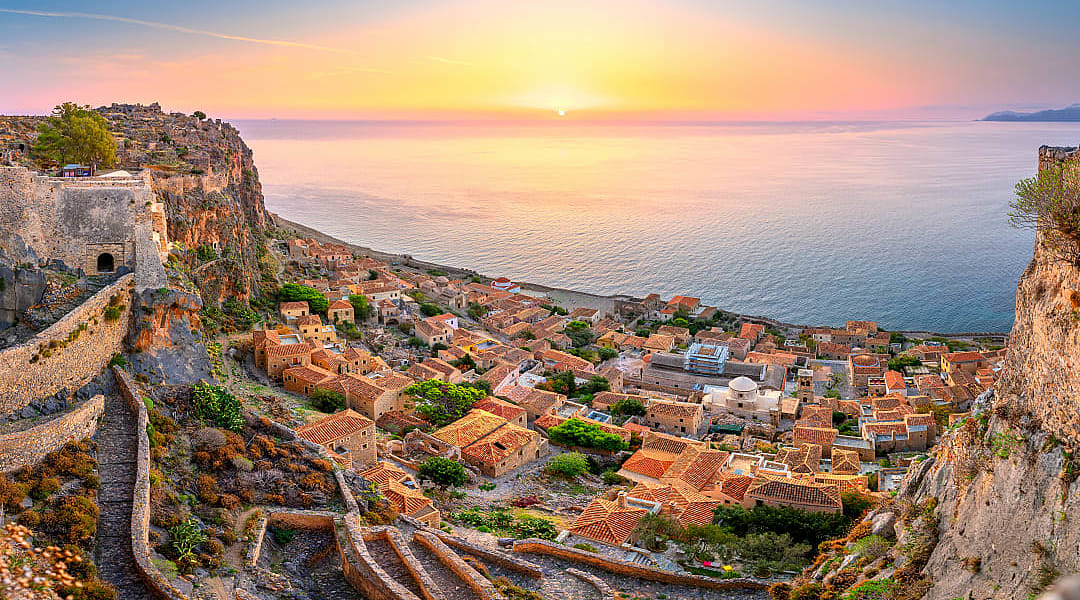 Parorama of old medieval castle town of Monemvasia at sunrise in Peloponnese, Greec