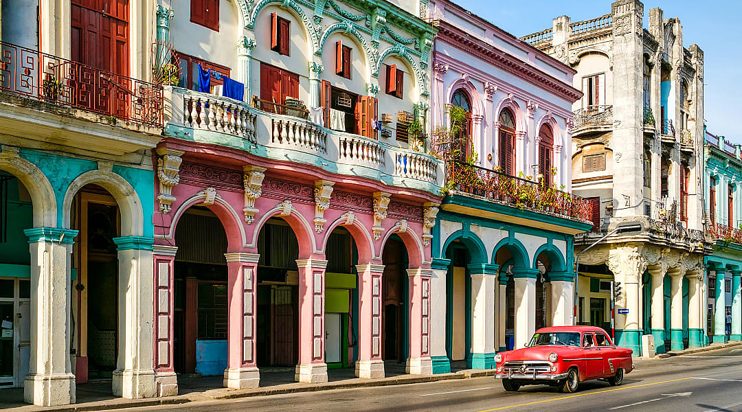 Colorful antique buildings in Old Havana, Cuba.