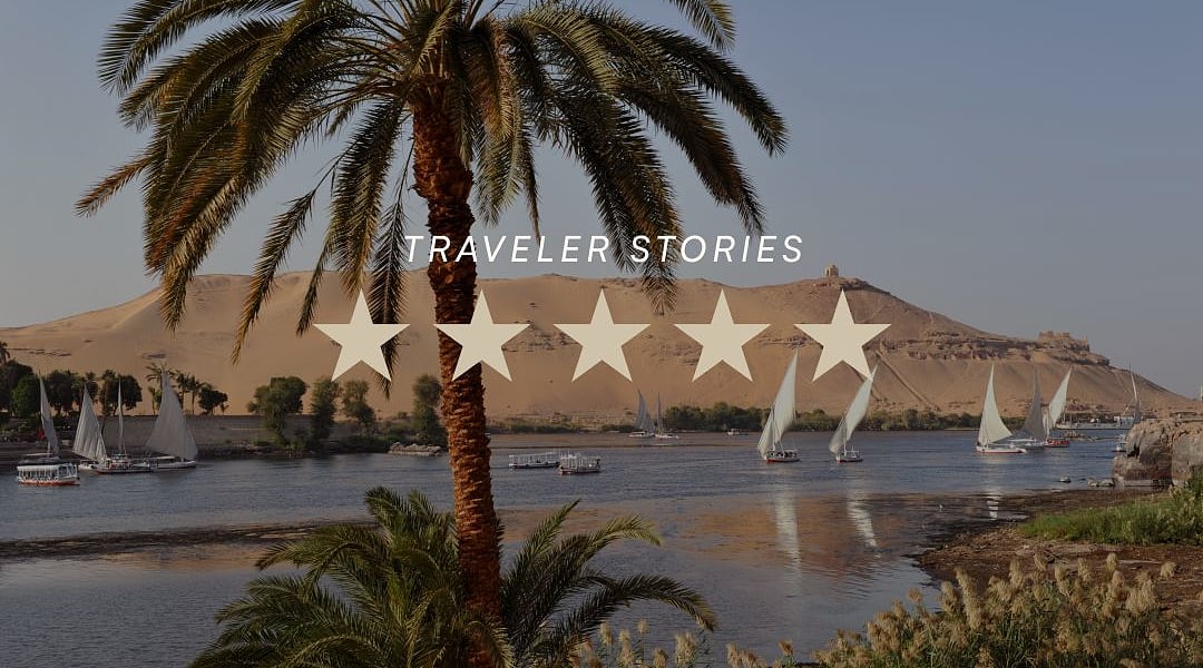 Feluccas on the Nile near sand dunes in Aswan, Egypt, with five-star traveler story graphic