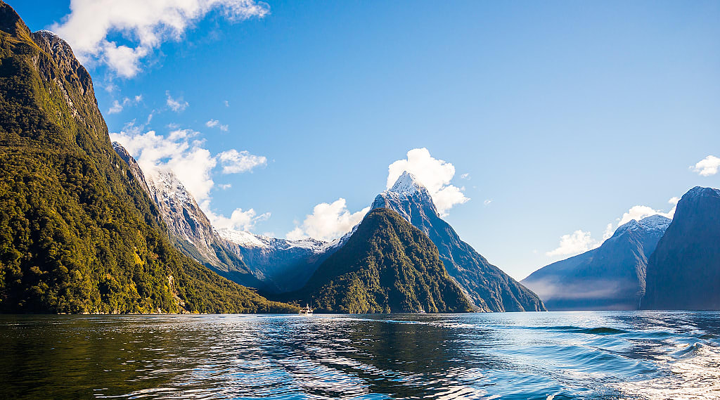 Milford Sound, fiord with snow capped Mitre Peak on New Zealand’s South Island