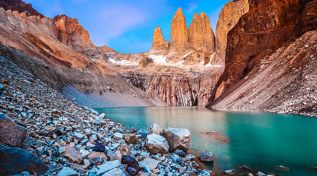 Laguna Torres with the towers at sunrise in Torres del Paine National Park, Patagonia, Chile