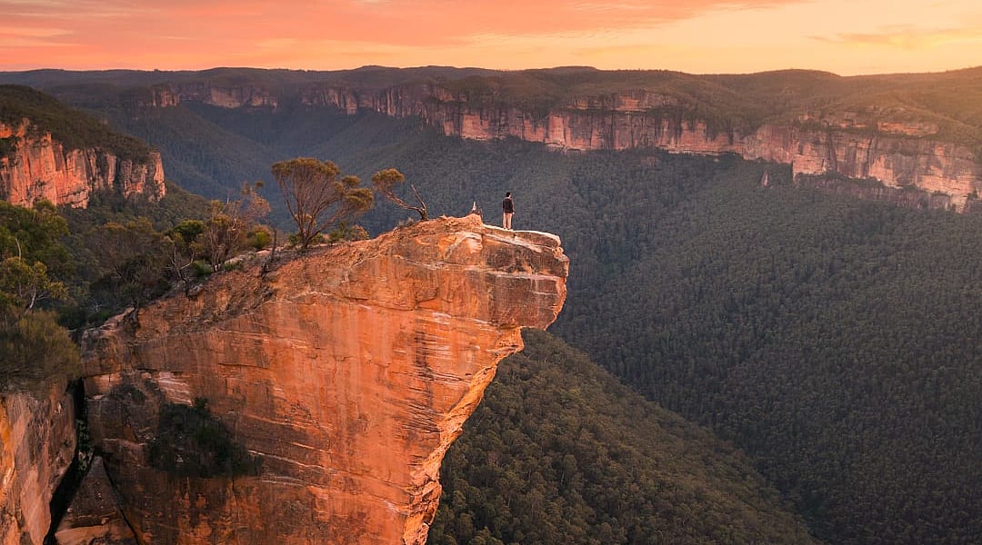 Hiker at Hanging Rock in Blue Mountains National Park, New South Wales, Australia