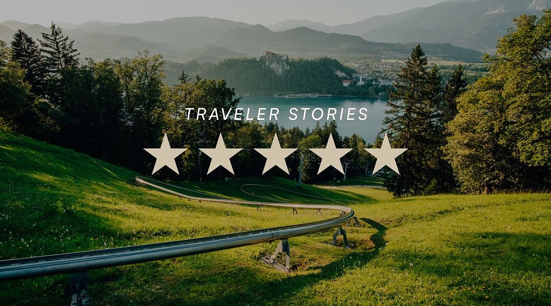 Alpine toboggan track on Straza hill overlooking Lake Bled with five-star traveler review graphic overlay