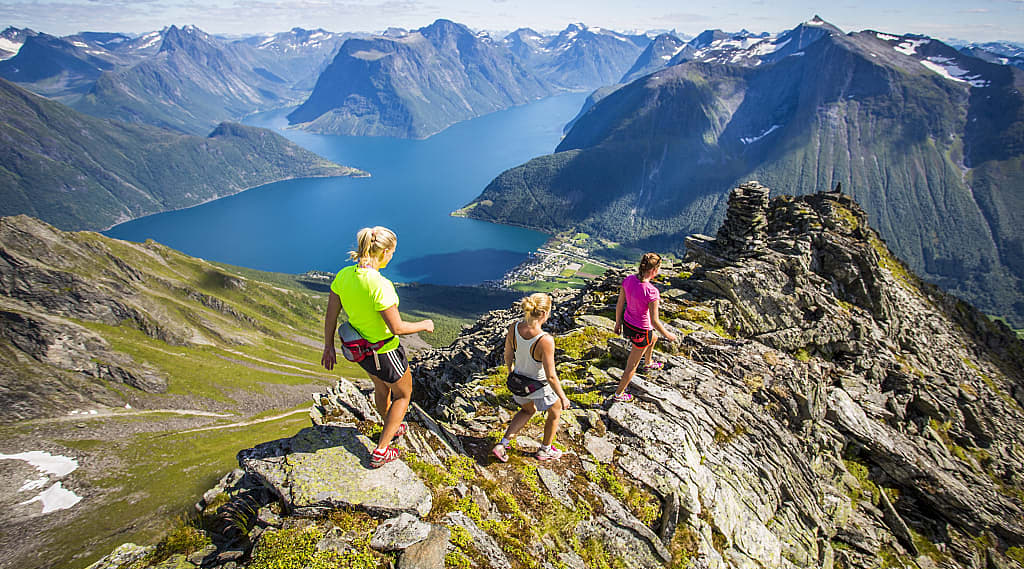 Hiking Hjørundfjord in Norway. Photo courtesy of Håvard Myklebust / www.fjordnorway.com