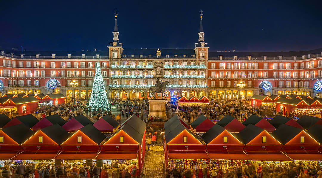 Christmas market at Plaza Mayor in Madrid, Spain