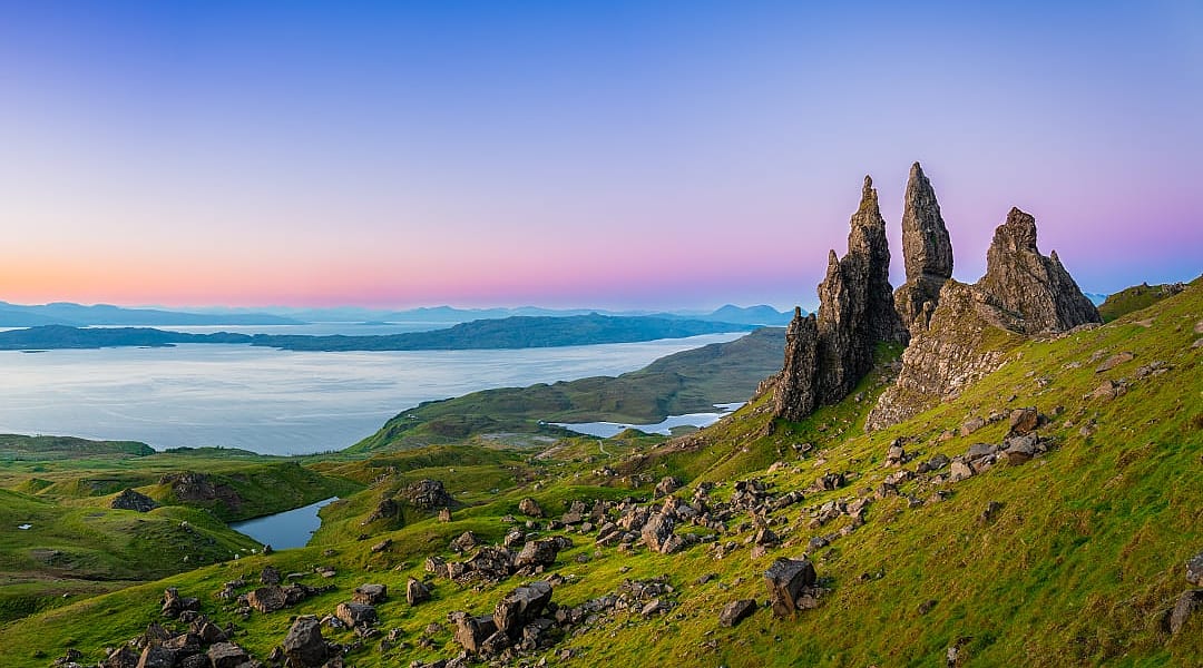 Old man of storr rock formation at sunrise on Isle of Skye in Scotland