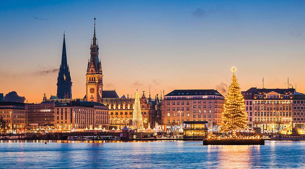 Hamburg skyline in winter with Christmas trees
