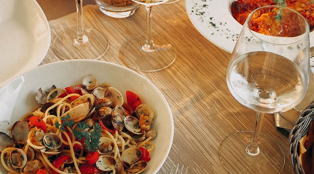 Clam pasta at a restaurant in Venice, Italy