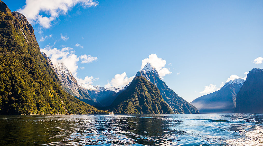 Milford Sound, fiord with snow capped Mitre Peak on New Zealand’s South Island